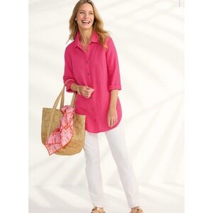 Soft Surroundings Outer Banks Big Linen Tunic Shirt Button Long Sleeve Women PM